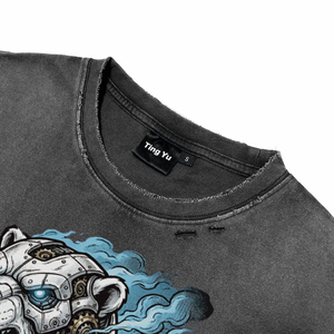 Camisetas de hombre vintage con lavado desgastado, estilo punk, estampado de oso polar mecánico y letras, de manga corta oversize para venta al por mayor - Product Image 3
