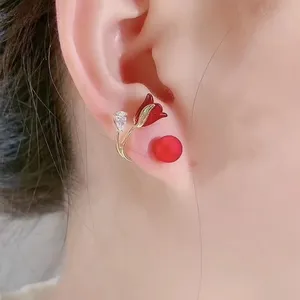AA00758 Elegant Two Wear Earrings Diamond Crystal Red rose Pearl Tulip Stud Earrings For Women