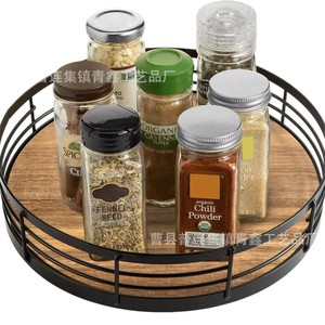Retro Style Kitchen <b>Spice</b> <b>Rack</b> Round <b>Rotating</b> Wood And Iron Storage Tray For Condiments And Seasonings 12 Compartments - Product Image 5