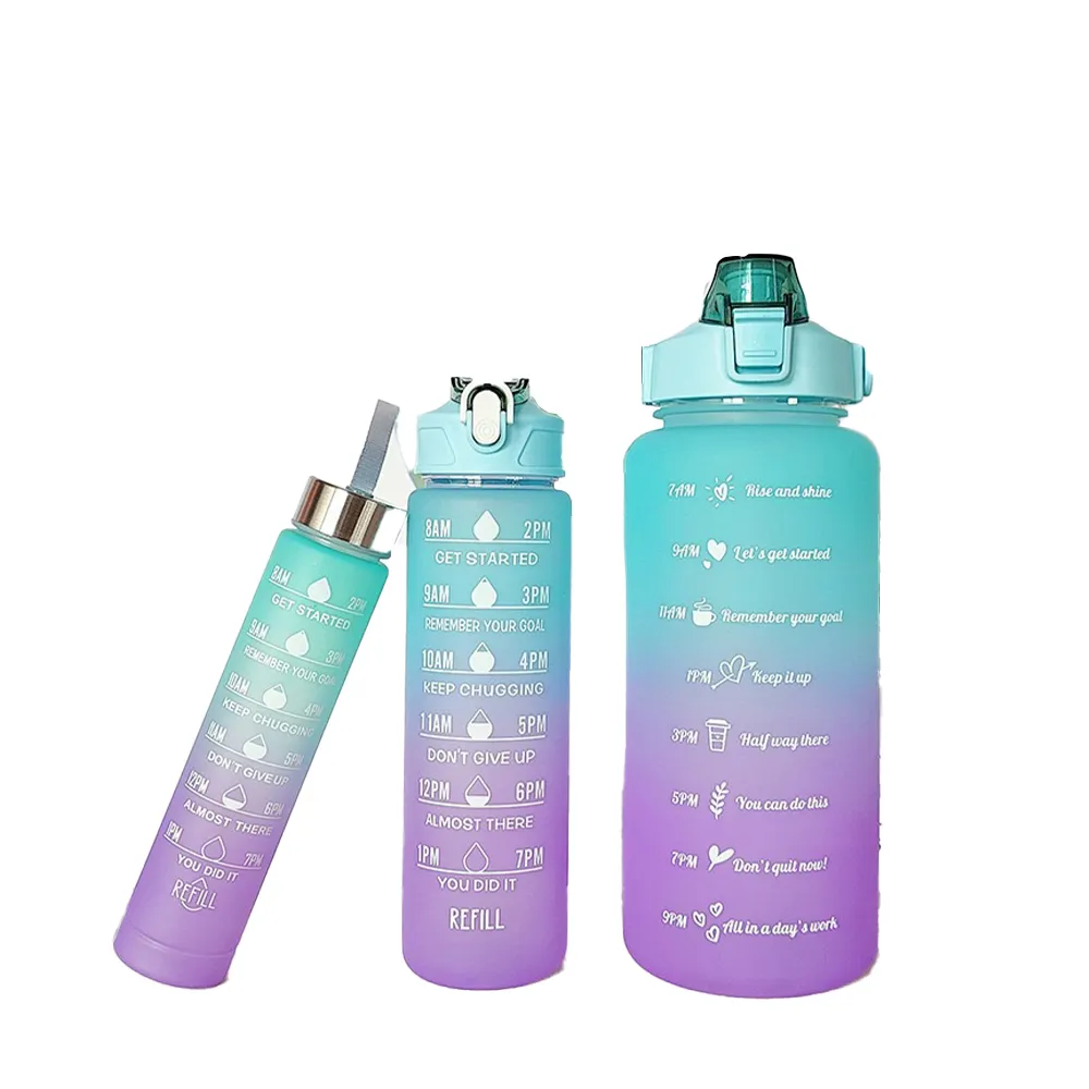 Tragbare Sport-Verlauf-Wasserflaschen aus Kunststoff 64 Unzen Trinkwasserflasche 3er-Set motivierende Wasserflaschen Kunststoff frei von BPA Fitnessstudio