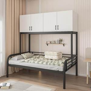 Modern Full Size Iron Frame <b>Single</b> <b>Bed</b> Top Wooden Storage Cupboard Adjustable Hanger Rod <b>Black</b> for Apartment - Product Image 3