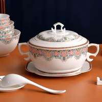 Service de table de luxe en porcelaine fine à motif floral brocart, 69 pièces, vaisselle en céramique décorée de motifs floraux pour la maison, les banquets, les mariages et les cadeaux