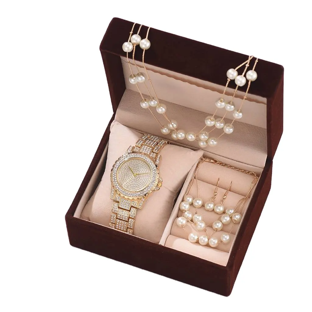 Ide baru 2024 jam tangan kuarsa bulat kalung mutiara set perhiasan anting untuk wanita hadiah ulang tahun Natal Tahun Baru