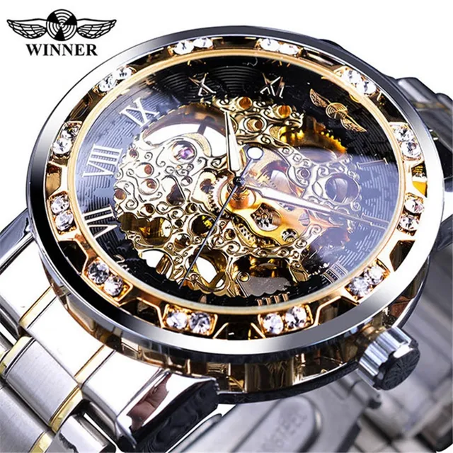 Winner Transparent Fashion Diamond Royal Design Men Top Brand Mechanical Skeleton Wrist Watch