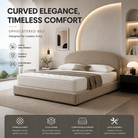 Lit plateforme capitonné minimaliste de luxe avec tête de lit arrondie élégante, cadre de lit en tissu doux, mobilier de chambre contemporain