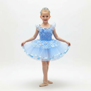 ชุดบัลเลต์เจ้าหญิงสำหรับเด็กผู้หญิง สีฟ้าอ่อน ชุดบัลเลต์มืออาชีพ กระโปรงบัลเลต์สีฟ้าประกายวิบวับ พร้อมแขนระบาย - Product Image 1