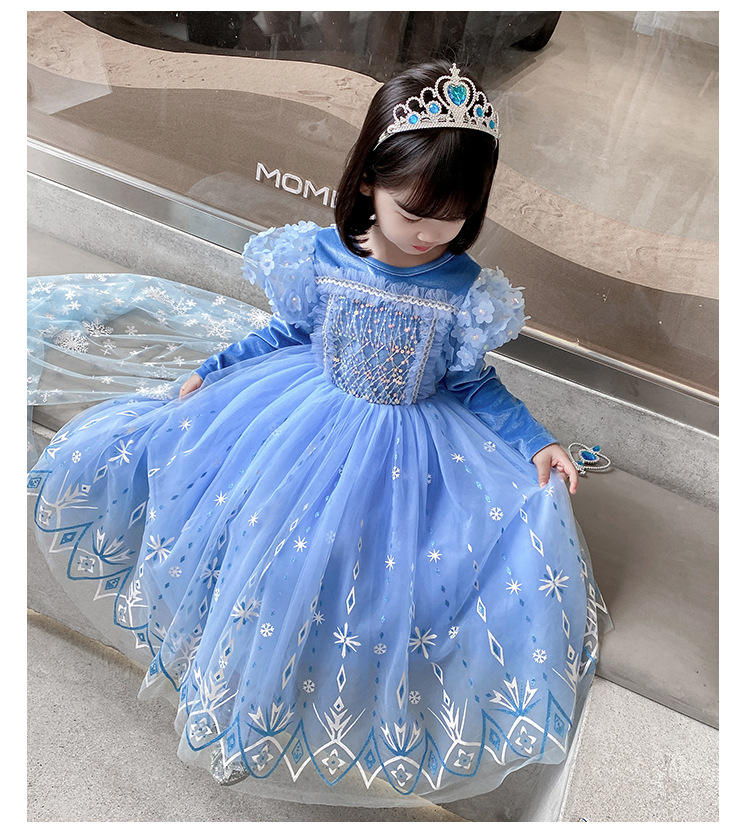 Transparent Beautiful Encanto Flower Snowflake Blue Halloween Costume Cloak Layer Princess Dress