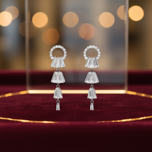 Pendientes de Lujo de Oro Blanco con Borlas y Cristales de Estrás Engastados para Fiesta de Mujer - Product Image 2