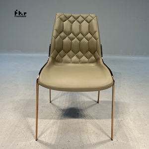 Modern Khaki PU Leather Dining Chair Diamond Quilted Back Polished Gold Metal Legs for Hotel Restaurant - Product Image 1