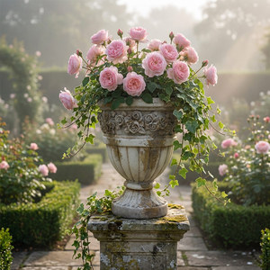 Urne <span class=keywords><strong>de</strong></span> jardin sur piédestal <span class=keywords><strong>en</strong></span> magnésie beige, <span class=keywords><strong>style</strong></span> vintage, motif floral rose, pour intérieur et extérieur, décoration <span class=keywords><strong>de</strong></span> jardin <span class=keywords><strong>de</strong></span> manoir français, fabrication OEM - Product Image 3