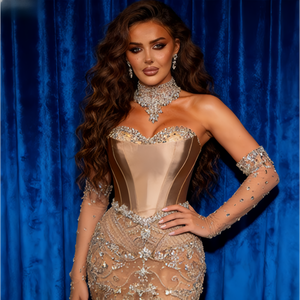 Платье-русалка нюдового цвета больших размеров |   Корсетное платье с бисером для вокальных выступлений и сценических представлений - Product Image 2