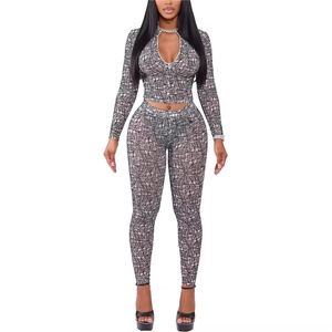PEEQI TW831 Set 2 Potong Pakaian Wanita Seksi Atasan Crop Zipper+Celana Legging Serasi Bahan Stretch Pakaian Klub Malam Model Skinny - Product Image 5