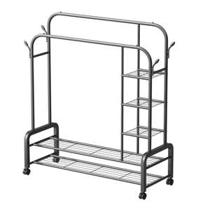Perchero Móvil Multifuncional Personalizable de Doble Barra con Estantes de Almacenamiento, Estructura de <span class=keywords><strong>Metal</strong></span> Inoxidable para Dormitorio y Balcón - Product Image 1