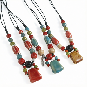 Collier Pendentif Bohème en Céramique Perlé, Cordon Long Tressé à la Main, Bijou pour Femme, Idéal pour l'Été Décontracté - Product Image 1