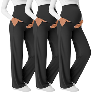 Paquete de 3 Pantalones Anchos de Maternidad para <span class=keywords><strong>Mujer</strong></span>, Pantalones Deportivos Elásticos de Cintura Alta para Embarazo con Bolsillos Laterales - Product Image 2