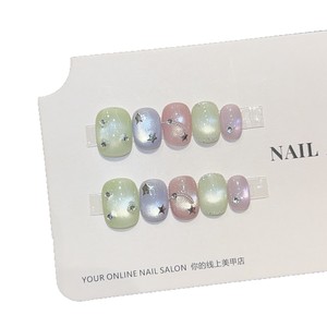 10 faux ongles à presser faits main, effet œil de chat aurore <span class=keywords><strong>pastel</strong></span>, avec strass étoiles, dégradé pailleté rose vert violet, amovibles - Product Image 5