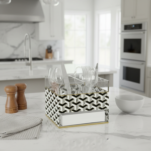 Moderno Porta Cubiertos Giratorio <span class=keywords><strong>de</strong></span> Acrílico, Diseño Geométrico Negro y Dorado, Lujoso Porta Cubiertos Judío <span class=keywords><strong>para</strong></span> Mesa, Cuchillos, <span class=keywords><strong>Cucharas</strong></span>, Tenedores, Servilletas - Product Image 3