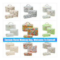 Tas Kosmetik FUYUAN Custom Quilted Motif Bunga Besar Bahan Katun Lembut 3-Piece dengan Ritsleting, Tempat Penyimpanan Organizer untuk Wanita