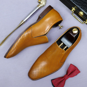 Summer slip-on leather shoes for men, suitable for business and casual wear, made of genuine leather with holes in the sole - Product Image 1