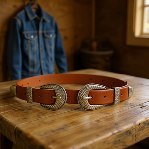 Ceinture en cuir véritable 3x100cm à double boucle style western pour femmes et hommes - Product Image 3