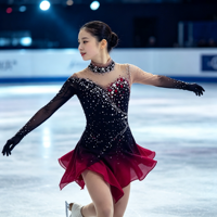 Robe de patinage artistique à col halter, dégradé noir et rouge, ornée de strass, pour la danse sur glace et les compétitions
