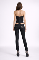 Celana Jeans Wanita OEM Custom, Pinggang Rendah, Hitam, Skinny, Stretch Denim, Slim Fit, Detail Ritsleting Dekoratif, Desainer Fashion, Streetwear