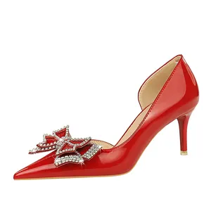 European and American Style Fashion Banquet High Heel Shallow Mouth Pointed Patent Leather Rhinestone Bow Tie Single Shoe Girl