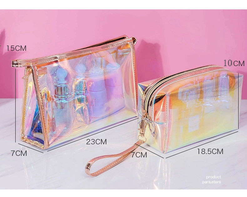 DAZZLING HOLOGRAPHIC, TPU PVC Laser Cosmetic Bag, Makeup Organizer Bags, Jelly Purse, Hanging Toiletry