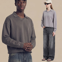 RUICHI Moletom Polo Masculino 380GSM de Algodão Puro Lavado Vintage, Corte Boxy Cropped Amplo, Estilo Americano Moderno com Decote em V Pequeno, Casual