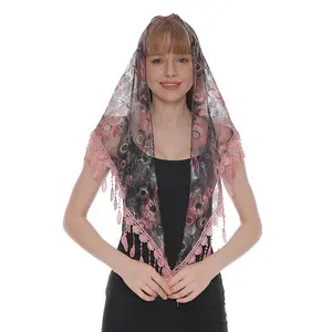 Frühling und Sommer bunte Spitze Dreieck Schal hohle Fransen Frauen Stickerei Spitze Kapelle Schal dreieckige Mantilla Kirche Schleier