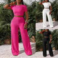 Conjunto de Dos Piezas de Punto Arrugado Sólido para Mujer, Camiseta Corta de Manga Corta, Pantalones Acampanados de Cintura Alta Elástica, Conjunto Deportivo para Diario y Vacaciones