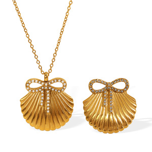 Stainless Steel Shell Bow Rhinestone Earrings And Necklace <b>Set</b> Women's Party Jewelry Fashion Gold Tone <b>Crystal</b> Claw Setting - Product Image 5