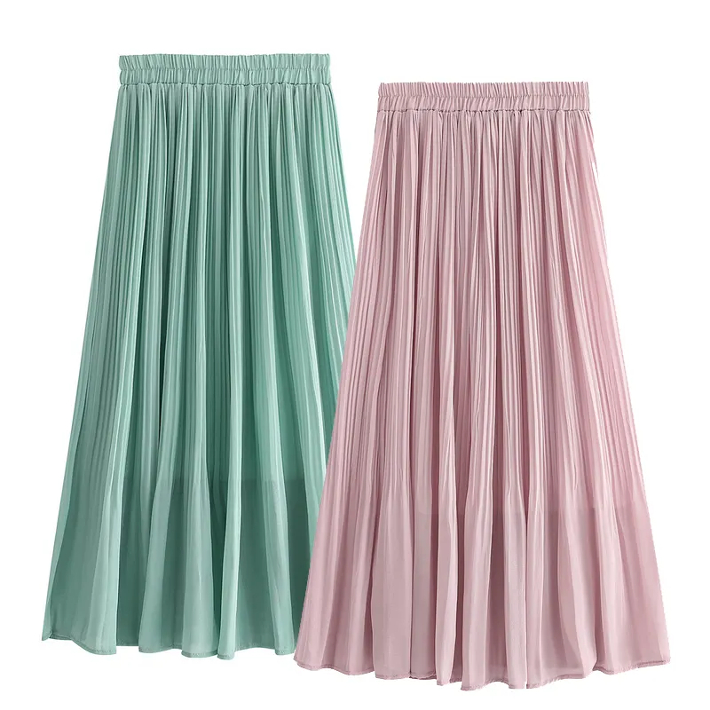 High Waisted Solid Color A Line Summer Maxi Long Pleated Chiffon Mini womens Skirt