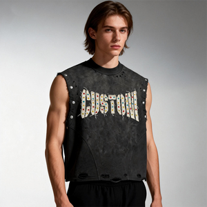 Camiseta sin mangas de verano personalizada 100% algodón, con efecto rasgado, bordado y pedrería, estilo vintage, lavado ácido y remaches - Product Image 2