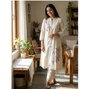 Ensemble Kurta et pantalon pour femme, brodé de fleurs, sans plis, séchage rapide, élégant, en coton ethnique, avec dupatta, tenue décontractée - Product Image 1