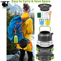 Ensemble de cuisine de camping 16 pièces, ensemble de cuisson de camping avec tasses, assiettes, fourchettes, couteaux, cuillères, ensemble de casseroles et poêles de camping