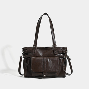 Bolso de mano retro marrón versátil para negocios, estilo coreano, mochila escolar clásica, gran capacidad, impermeable, con cremallera, correa de hombro individual - Product Image 1