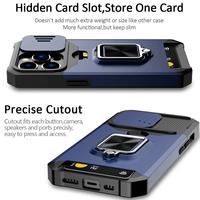 Coque de Téléphone pour iPhone 17 16 15 14 13 12 11 Pro Max avec Cache Caméra Coulissant, Porte-Cartes, Anneau de Protection Robuste, Béquille Magnétique et Armure