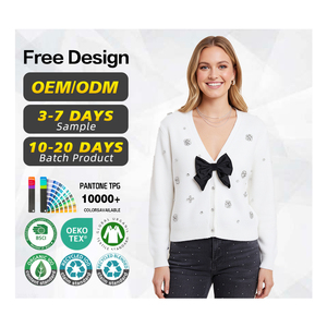 Fabricant de chandails certifié BSCI logo personnalisé femmes perles strass embellissements pull cardigan tricoté avec nœud - Product Image 1