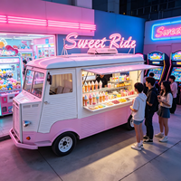 Camioneta de Comida Móvil Rosa Vintage Personalizada con Área para Máquina de Helados Suaves, Gabinete Refrigerador para Batidos para Plaza Arcade Neon