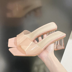 Sandales à talons hauts transparents nude à bout carré ouvert et talon épais pour femme – Collection été, best-seller - Product Image 1