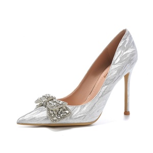 2025 New Silver Striped Pointed-toe <b>Glitter</b> Shiny Stiletto Heel Slip-On Korean-style Rhinestone Bow Non-tiring Women's <b>Pumps</b> - Product Image 5