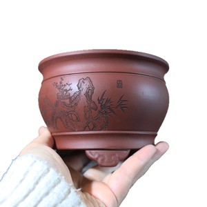 Handmade Purple <b>Clay</b> Bonsai <b>Pot</b> Engraved Chinese Style Small Desktop Planter Bodhidharma Design - Product Image 5