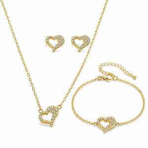 Set di Gioielli in Acciaio Inossidabile Dorato con Cuore: Collana, Bracciale e Orecchini con Pavé di Zirconi, Catena a Cavo Mezzo Aperto a Cuore, Gioielli da Donna, Ingrosso, Personalizzato OEM - Product Image 1