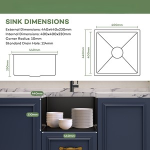 Évier de cuisine en acier inoxydable de style australien, à montage sous plan, à cuve unique, 16 jauges, deux trous avec robinet, vente en gros - Product Image 4