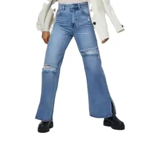 Jeans lubang populer panjang penuh gaya 90's sisi Flare pemisah ibu cocok Jeans wanita