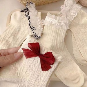 Chaussettes en dentelle blanches crémeuses pour femmes, absorbant la sueur, mi-mollet, élégantes, style Lolita, en coton - Product Image 3