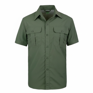 Chemise <span class=keywords><strong>de</strong></span> travail à manches courtes pour <span class=keywords><strong>homme</strong></span>, vert olive, séchage rapide, multi-poches, avec logo personnalisé, pour la randonnée et la sécurité - Product Image 1