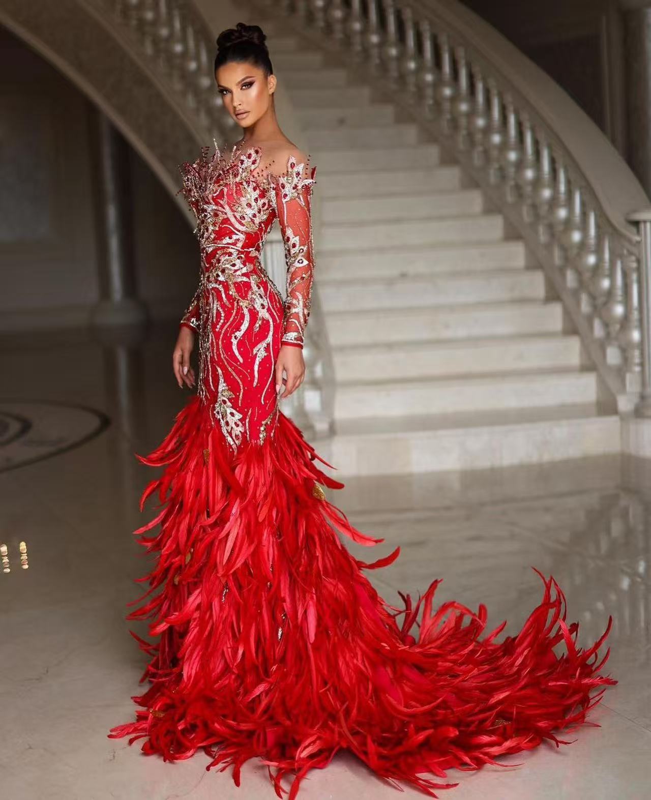 red feather prom dress Red Elegant Formal Off-shoulder Feather Top A-line Long Prom Dress, PD AlineBridal