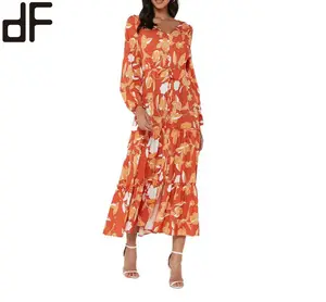 여성을위한 OEM 사용자 정의 가을 드레스 영국 이슬람 이브닝 드레스 오렌지 꽃 인쇄 쉬폰 여름 긴 드레스